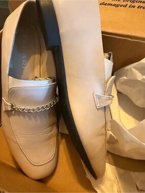 Tahari Cream Leather Chain-Trim Loafers